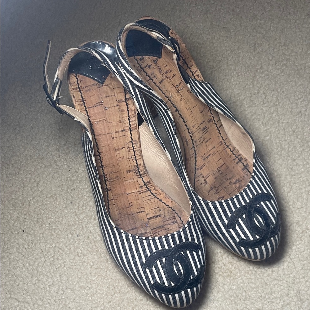CHANEL Black and White Striped Flats